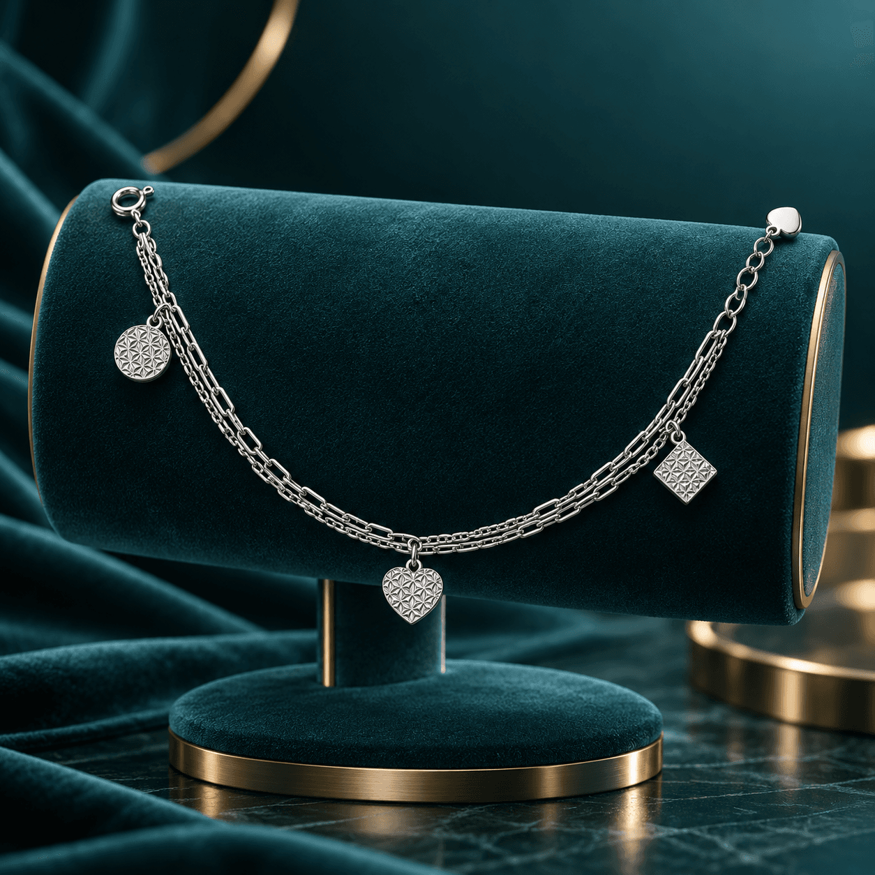 Silver Double Layer Geometric Charm Anklet