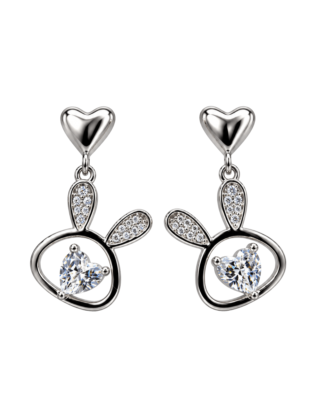 Crystal Heart Bunny Silver Drop Earrings view 1