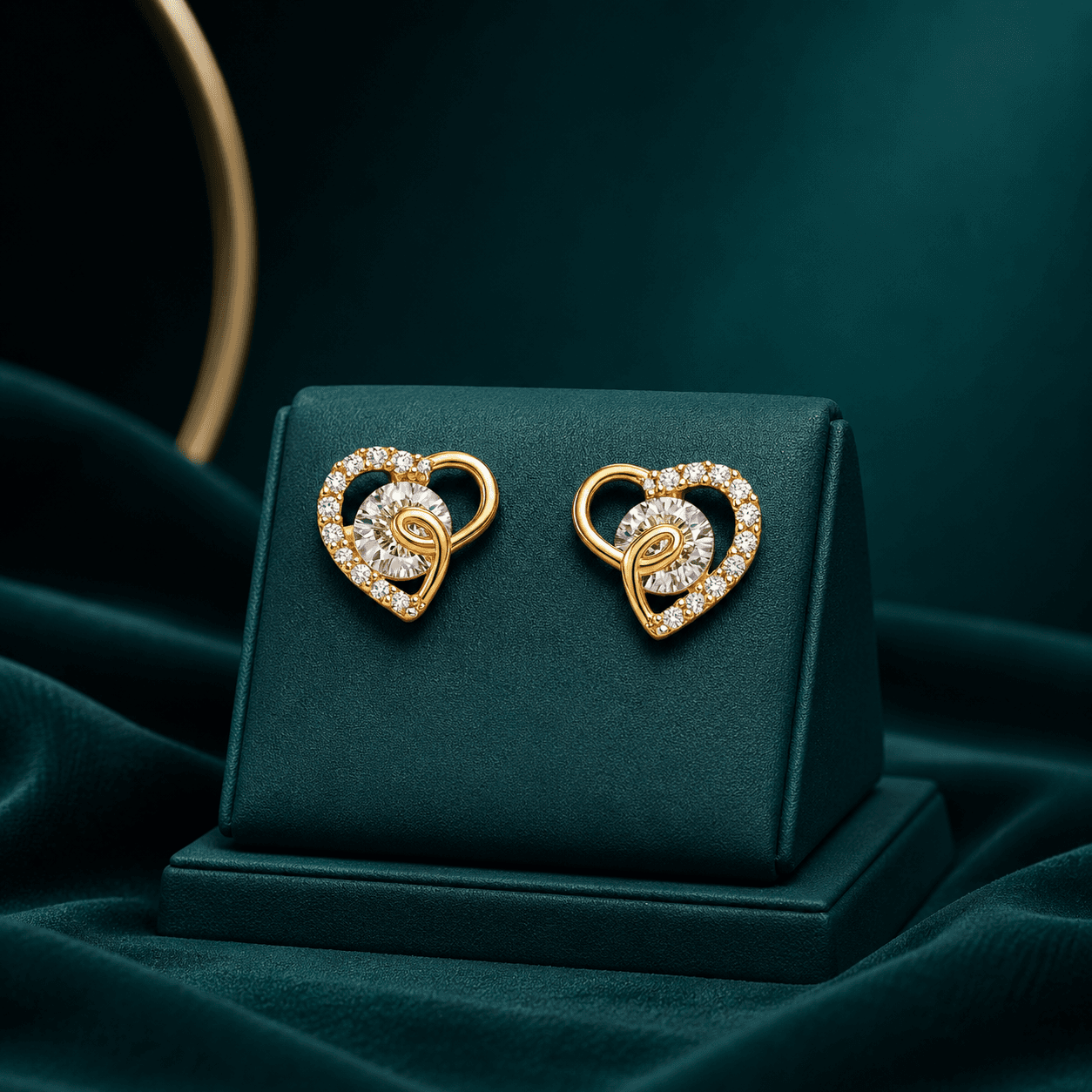 Elegance Half-Pave Heart Golden Earrings