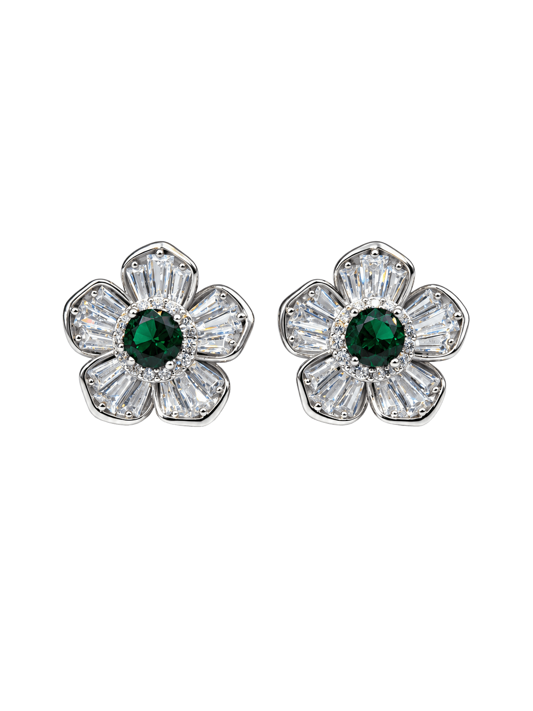 Emerald Green Baguette Crystal Floral Silver Stud Earrings view 1