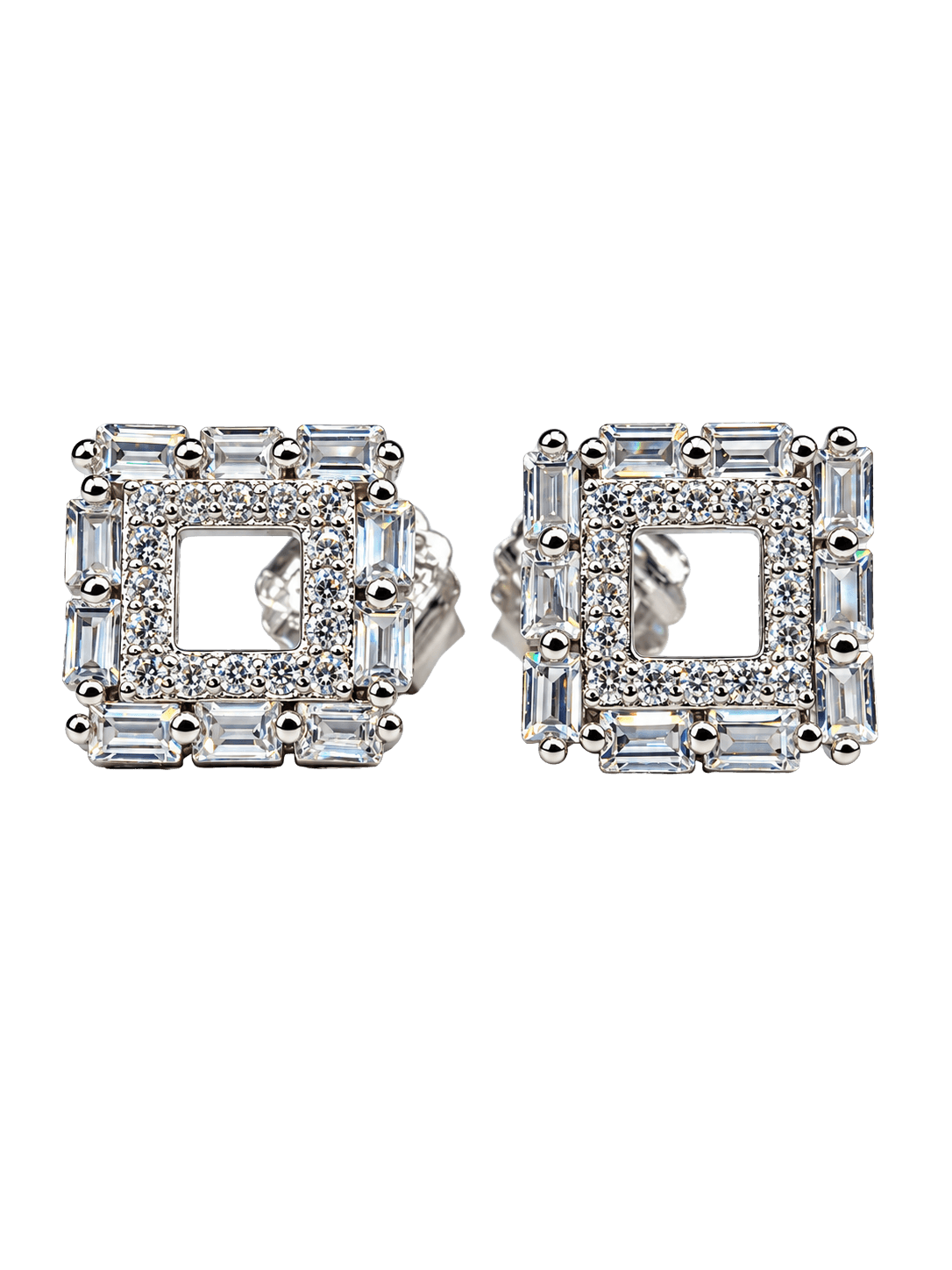 Geometric Square Halo Crystal Silver Stud Earrings view 1