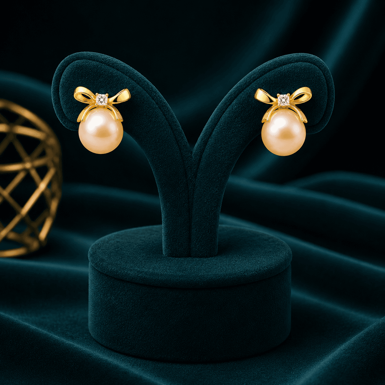 Golden Ribbon Pearl Drops Earring