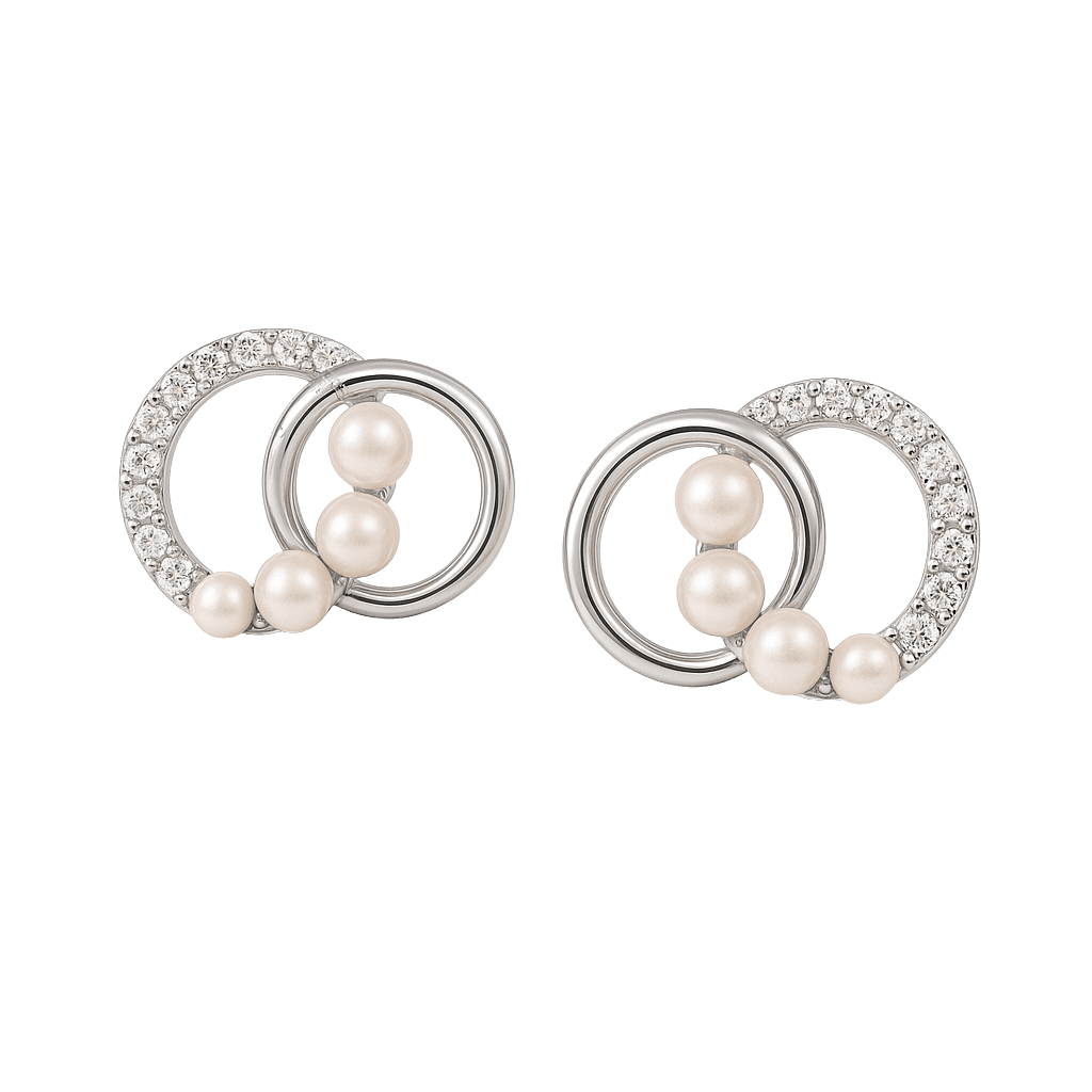 Silver Interlocking Circle Pearl Studs view 1