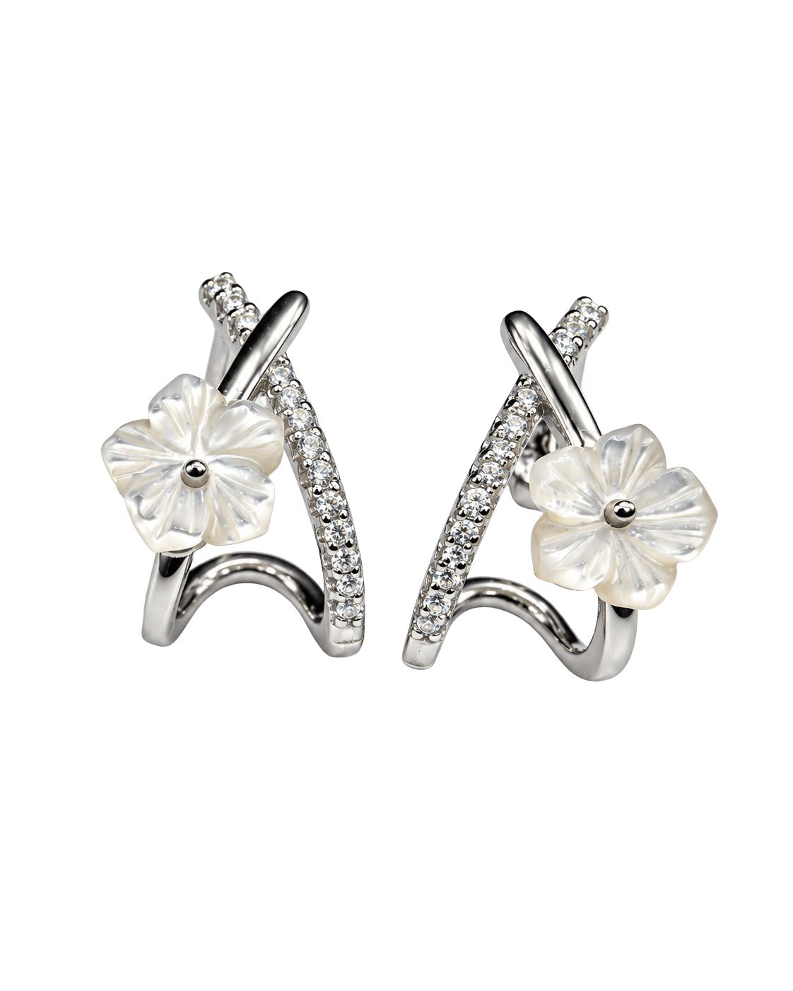 Luminous Pearl Flower Crystal Silver Earrings view 1