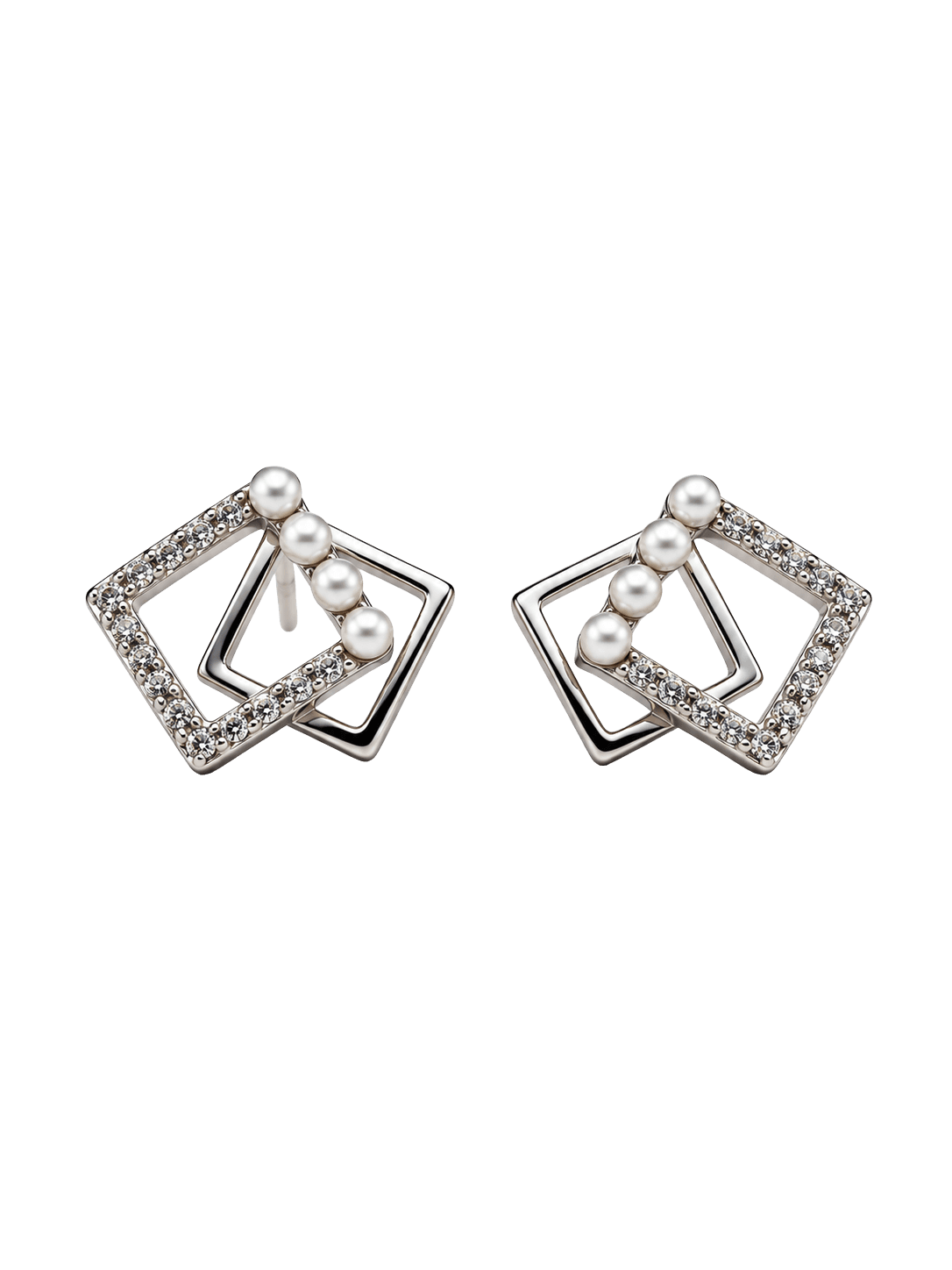 Pearl Geometric Double Square Silver Stud Earrings view 1