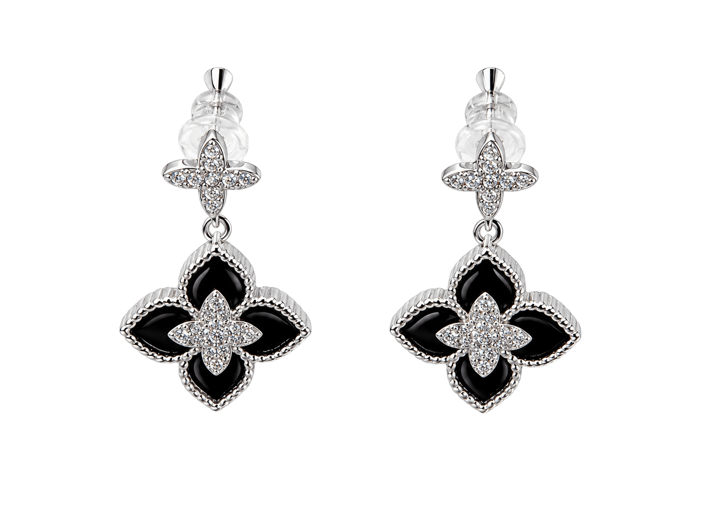 Silver Clover Black Studs Earring view 1