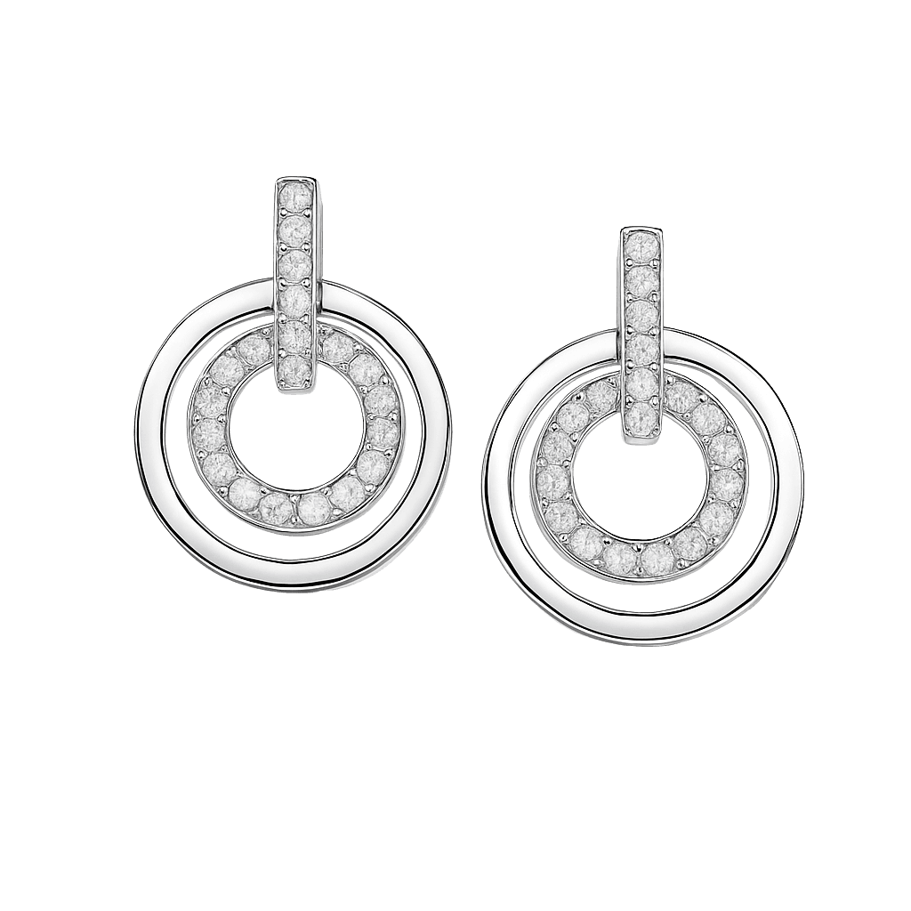 Silver Pave Double Circle Drop Earrings view 1