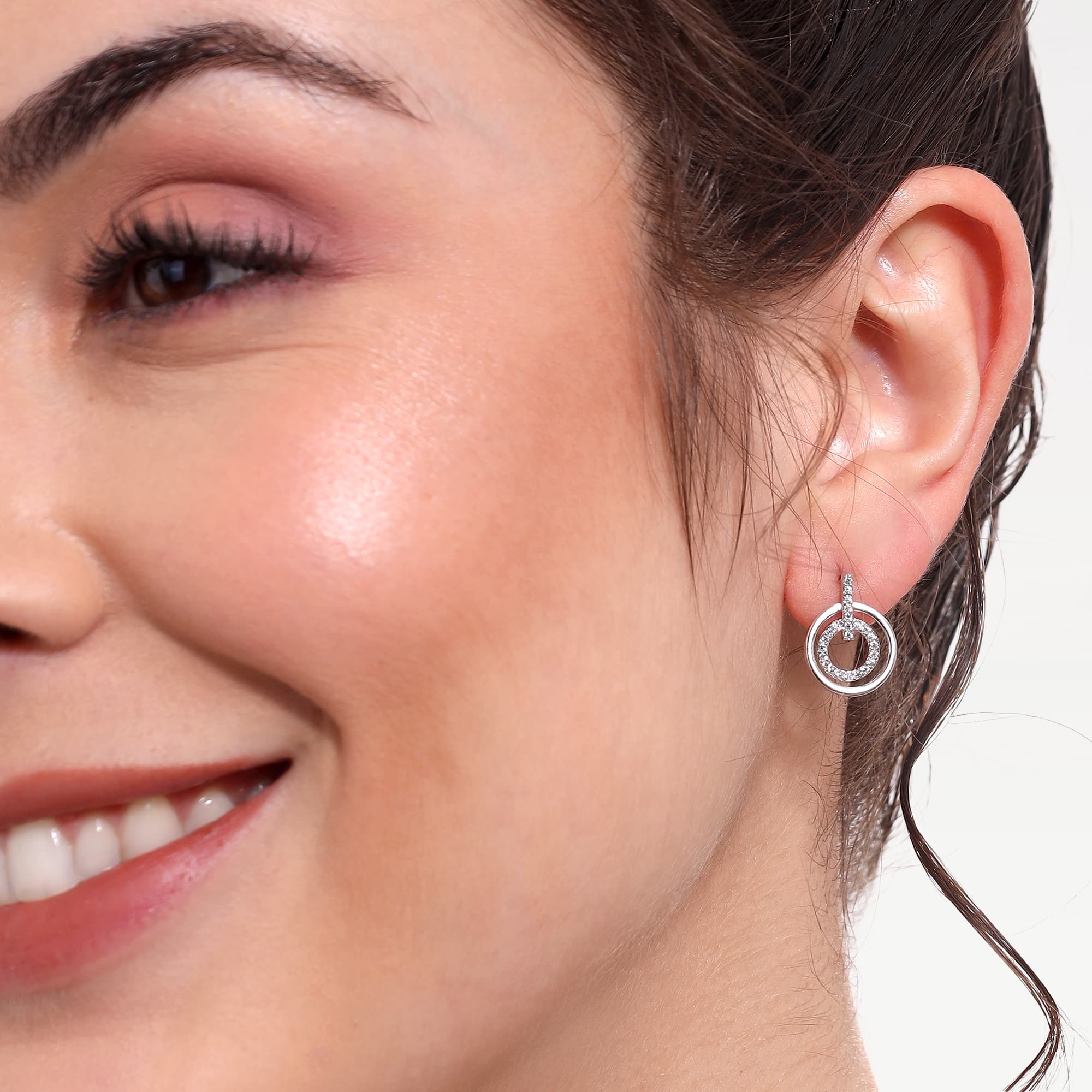 Silver Pave Double Circle Drop Earrings