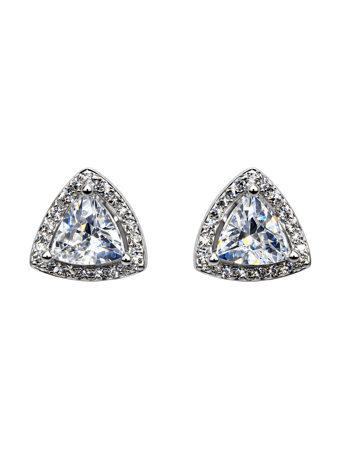 Trillion Cut Crystal Halo Silver Stud Earrings view 1