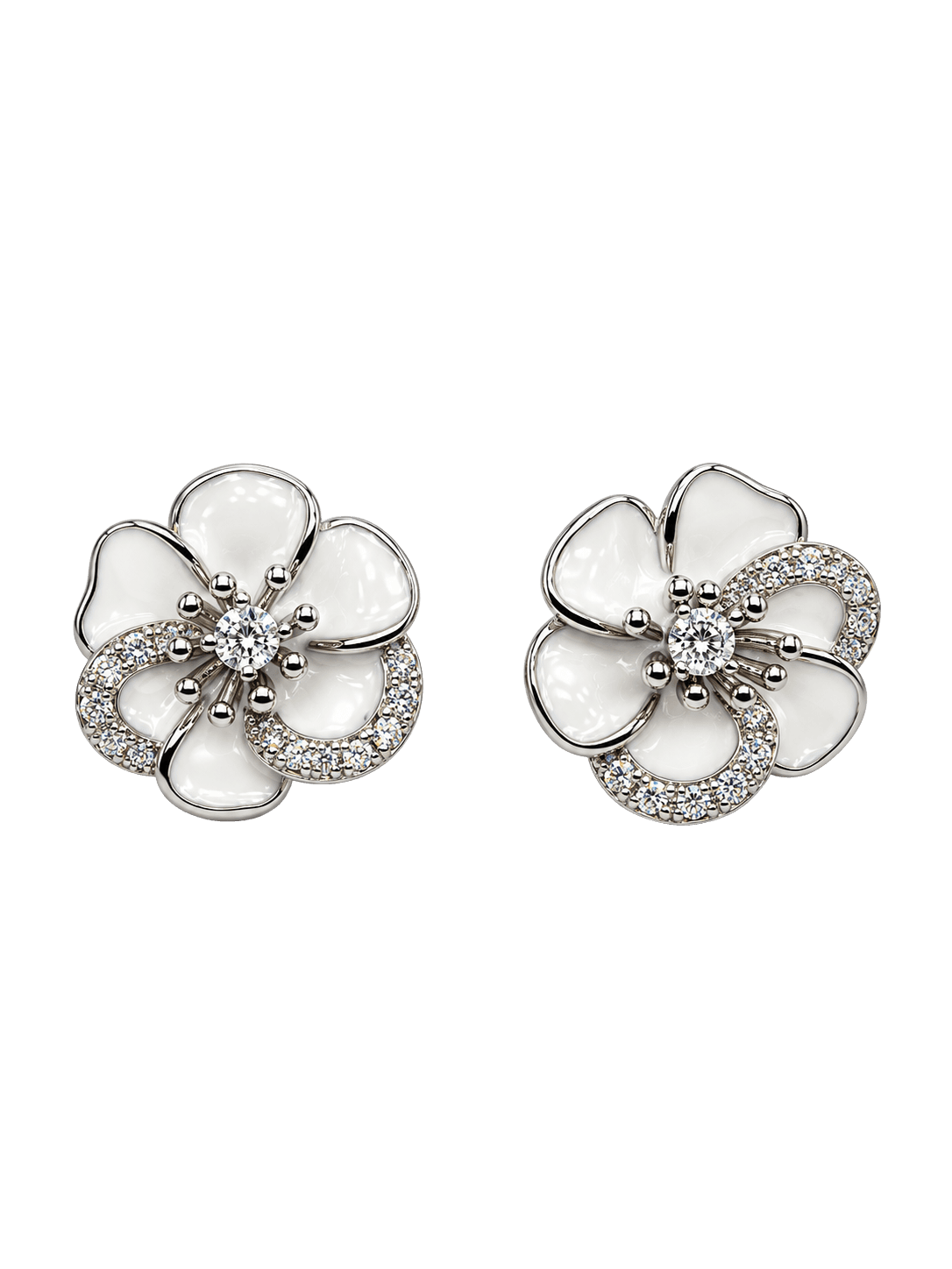White Floral Crystal Silver Stud Earrings view 1