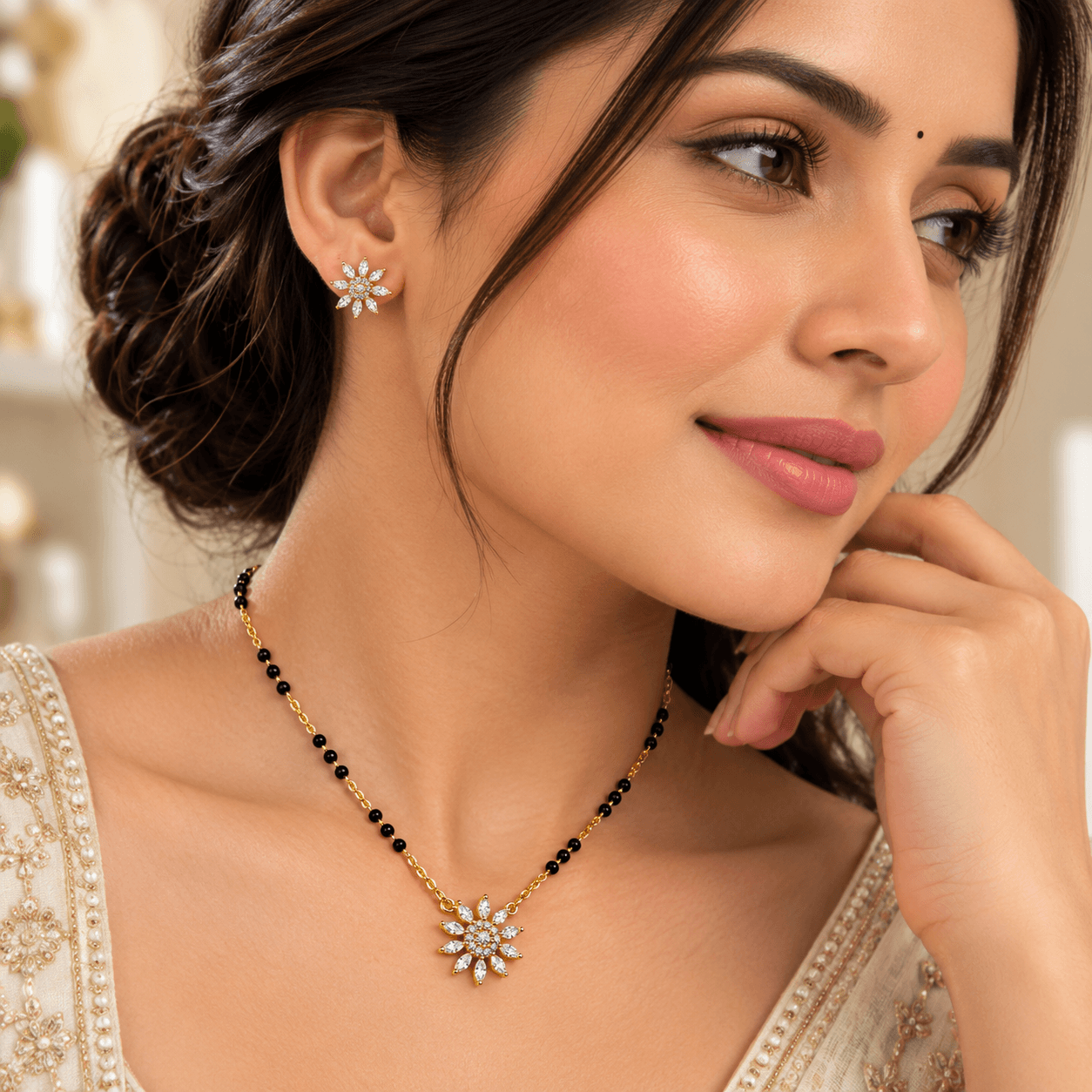 Golden Sunshine Crystal Sunflower Mangalsutra alternate view