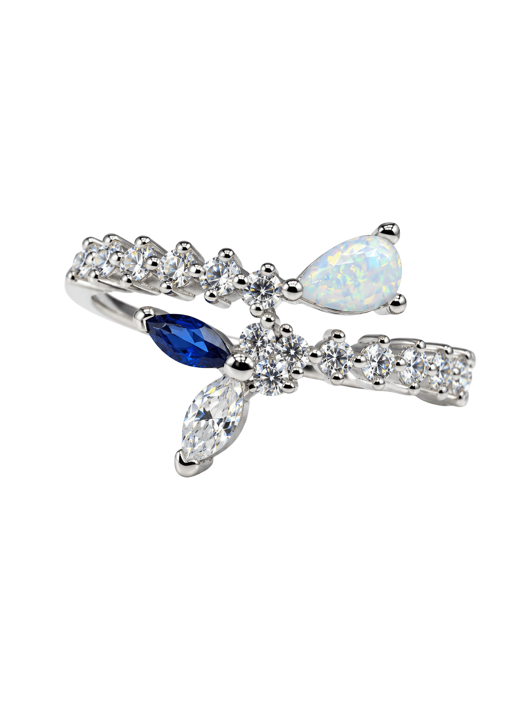 Aurora Opal Blue Crystal Silver Open Ring view 1
