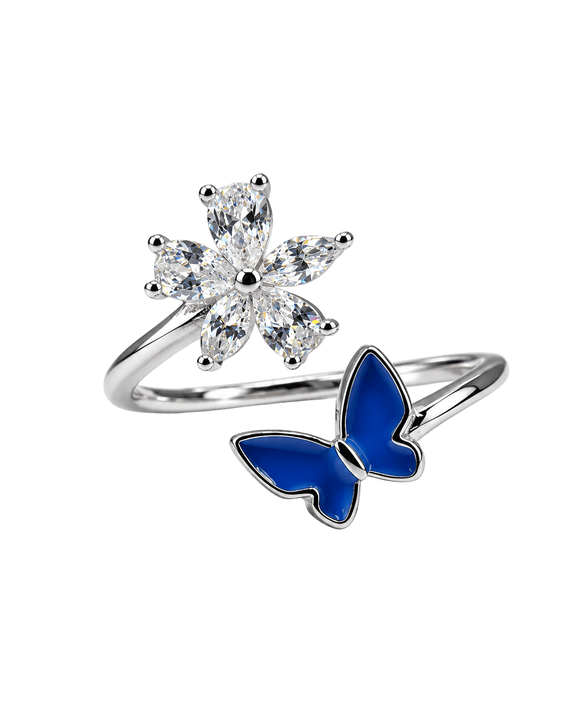 Blue Butterfly Crystal Flower Silver Open Ring view 1
