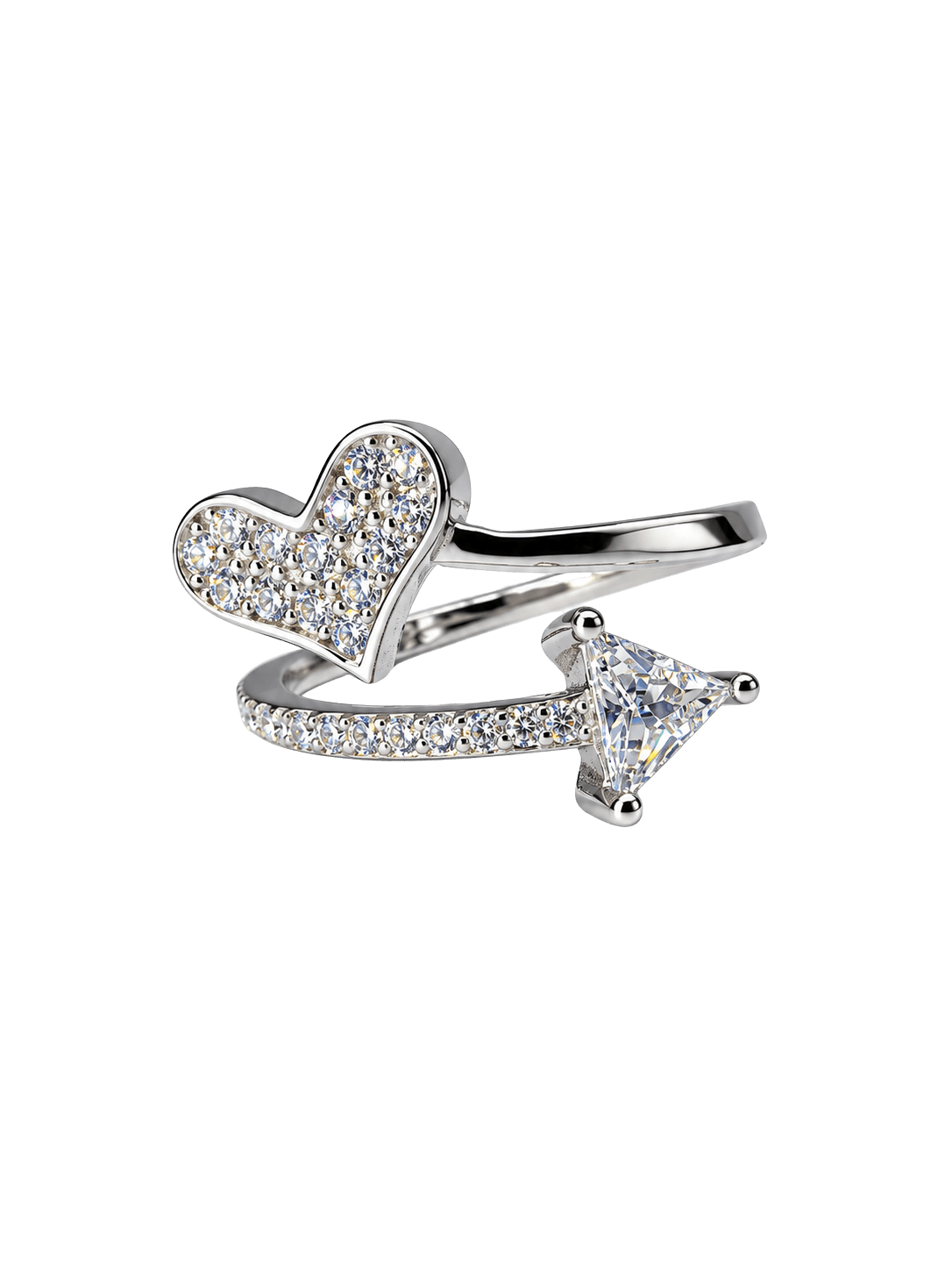 Crystal Heart and Triangle Solitaire Open Ring view 1