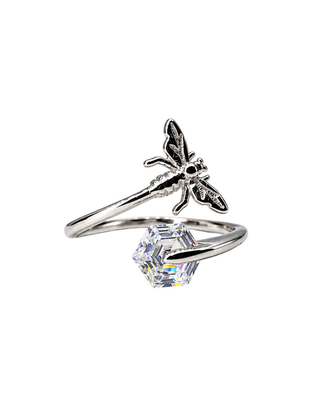 Dragonfly Crystal Hexagon Adjustable Silver Ring view 1