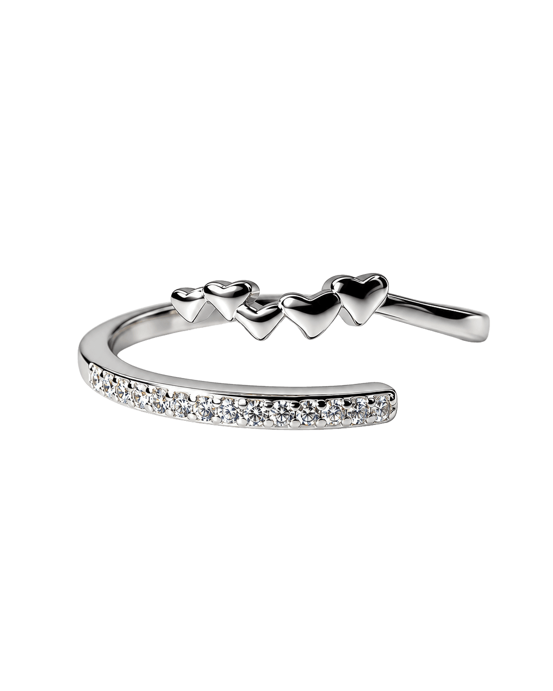 Five Heart Charm Pavé Crystal Open Silver Ring view 1