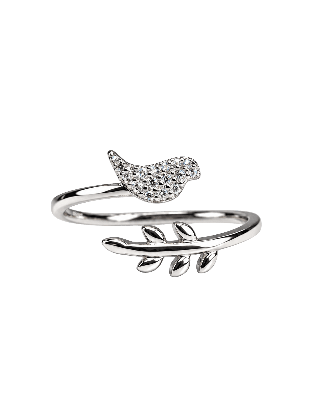 Pavé Bird on Branch Adjustable Open Silver Ring view 1