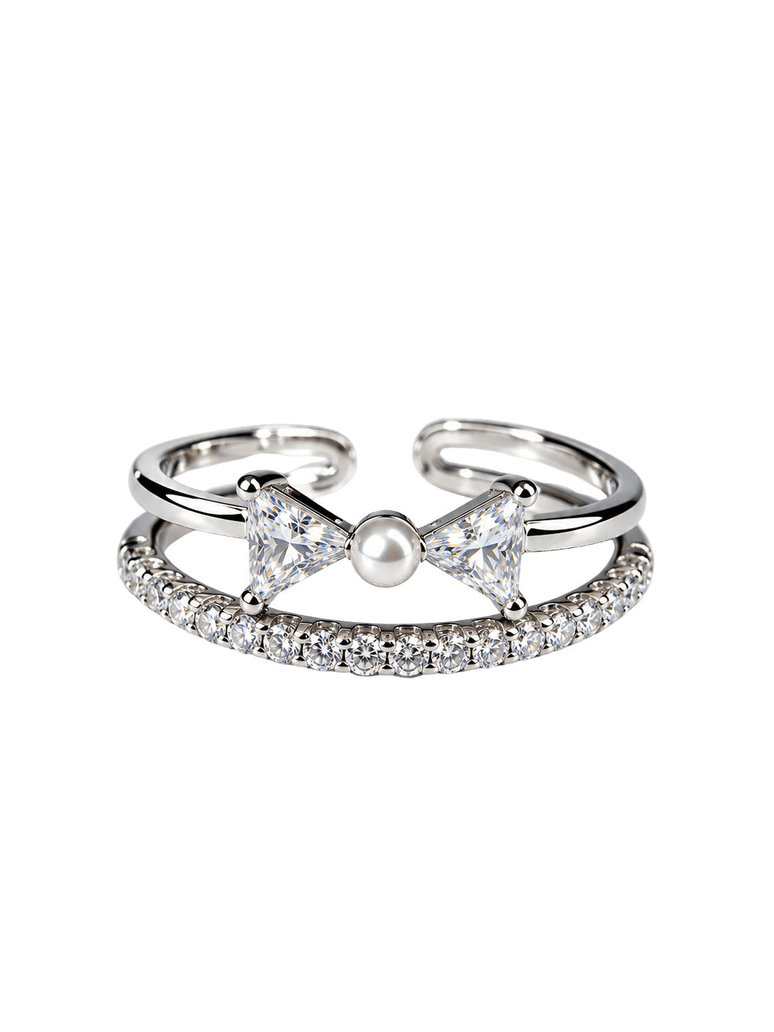 Sparkling Crystal Bow Double Band Silver Ring view 1